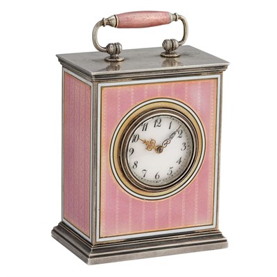 Lot 242 - Sterling Silver, Pink Guilloche Enamel and Enamel Desk Clock, J. Chaumet, Paris