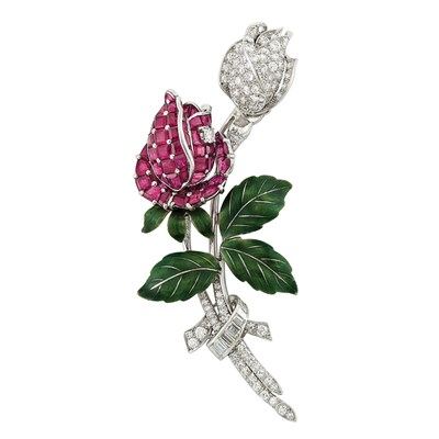 Lot 354 - Platinum, Diamond, Ruby and Enamel Rose Brooch, Oscar Heyman Bros.
