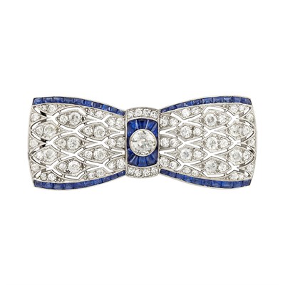 Lot 377 - Platinum, Diamond and Sapphire Bow Brooch, France