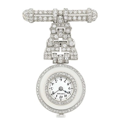 Lot 385 - Platinum and Diamond Lapel-Watch, Cartier