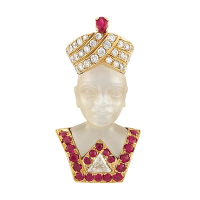 Lot 179 - Gold, Carved Chalcedony, Diamond and Ruby Blackamoor Clip, G. Nardi