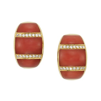 Lot 291 - Pair of Gold, Coral and Diamond Earclips
