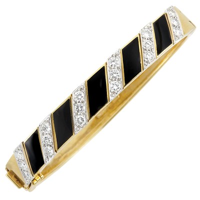 Lot 317 - Gold, Platinum, Diamond and Black Enamel Bangle Bracelet, David Webb