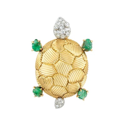 Lot 190 - Gold, Platinum, Diamond and Carved Emerald Turtle Clip-Brooch, Van Cleef & Arpels, France