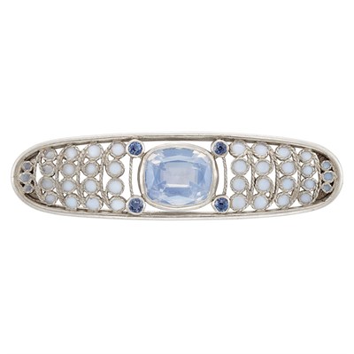 Lot 228 - Arts and Crafts Platinum, Sapphire and Plique-a-Jour Enamel Pin, Tiffany & Co.
