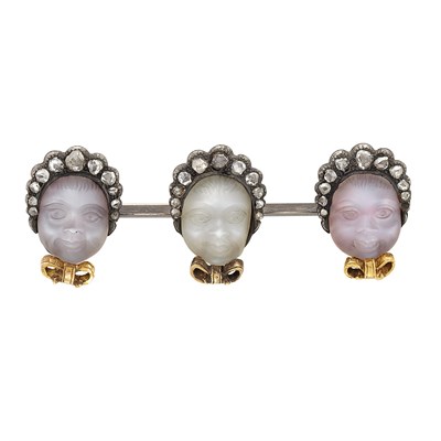 Lot 223 - Antique Silver, Gold, Carved Moonstone and Diamond Pin