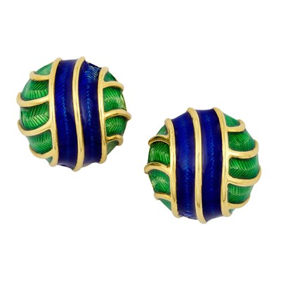 Lot 288 - Pair of Gold and Blue and Green Enamel Earclips, Tiffany & Co.