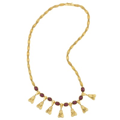 Lot 32 - Gold and Cabochon Garnet Fringe Necklace, Ilias Lalaounis