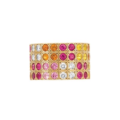Lot 171 - Wide Gold, Multicolored Sapphire and Diamond Band Ring, Cartier