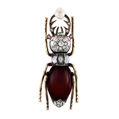 Lot 195 - Antique Gold, Silver, Cabochon Garnet, Diamond, Gem-Set and Baroque Freshwater Pearl Beetle Brooch