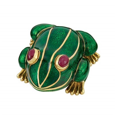 Lot 289 - Gold, Green Enamel and Cabochon Ruby Frog Clip-Brooch, David Webb