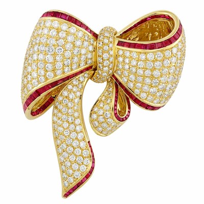 Lot 113 - Gold, Ruby and Diamond Bow Clip-Brooch