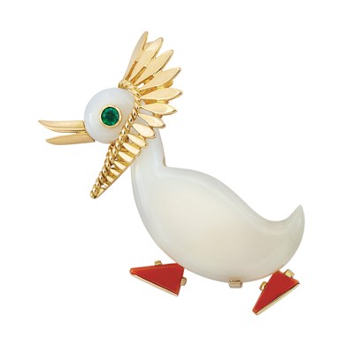 Lot 319 - Gold, White Chalcedony, Emerald and Coral Duck Brooch, Cartier, London