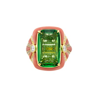 Lot 326 - Gold, Tsavorite Garnet, Coral and Diamond Ring, Bulgari