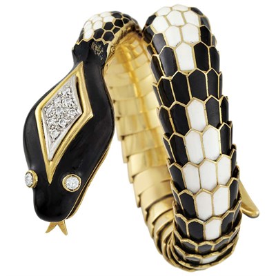 Lot 145 - Gold, Black and White Enamel and Diamond Snake Bracelet