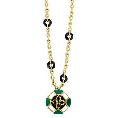 Lot 325 - Gold and Black Onyx Chain Necklace with Gold and Black and Green Onyx Pendant-Brooch, Tiffany & Co.