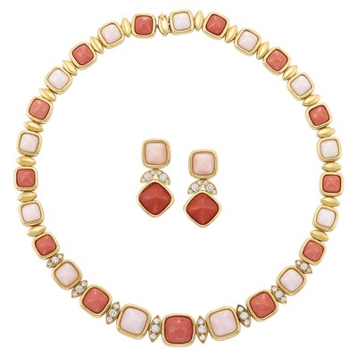 Lot 328 - Gold, Angel Skin Coral, Coral and Diamond Necklace and Pair of Pendant-Earclips, Van Cleef & Arpels, France