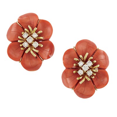 Lot 144 - Pair of Gold, Carved Coral and Diamond Flower Earclips