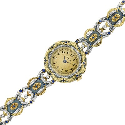 Lot 215 - Belle Epoque Gold, Platinum, Sapphire, Diamond and Guilloche Enamel Wristwatch, Tiffany & Co., Paris