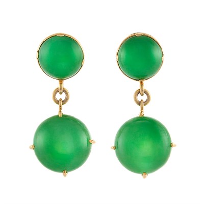 Lot 260 - Pair of Gold and Jade Pendant-Earclips