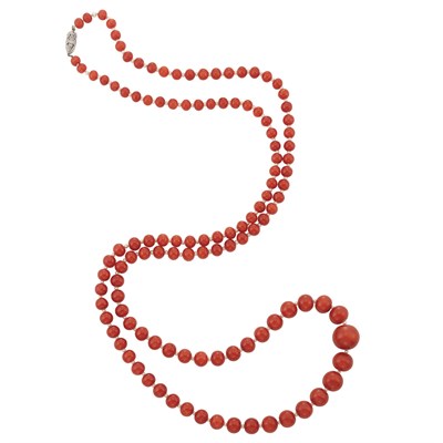 Lot 401 - Long Coral Bead and Seed Pearl Necklace with Platinum and Diamond Clasp