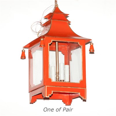 Lot 311 - Pair of Red Tole Pagoda-Form Lanterns Height...