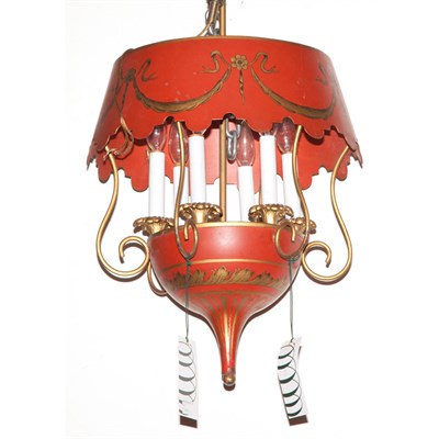 Lot 314 - Red Tole Six-Light Chandelier Height 19 1/2...
