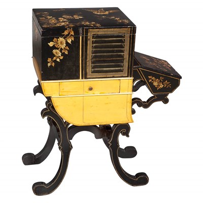 Lot 369 - Continental Black and Yellow Painted Work Box...