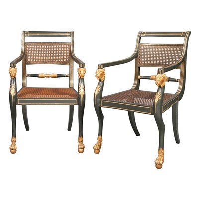 Lot 365 - Pair of Regency Green Painted and Parcel Gilt...
