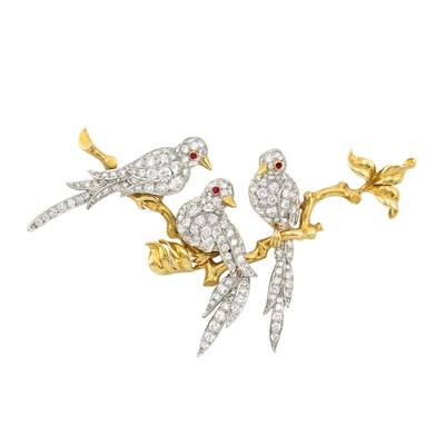 Lot 213 - Gold, Platinum, Diamond and Ruby Bird Brooch