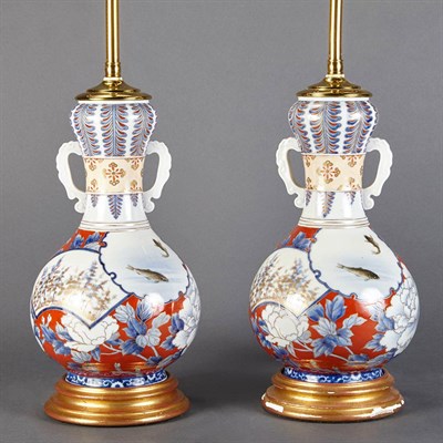 Lot 432 - Pair of Japanese Porcelain Lamps Height...