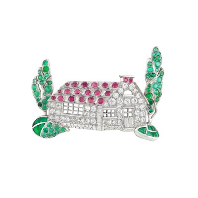 Lot 374 - Platinum, Diamond, Ruby and Emerald Brooch