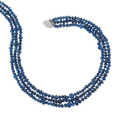 Lot 363 - Triple Strand Sapphire Bead Necklace with Platinum and Diamond Clasp