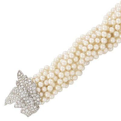 Lot 351 - Multistrand Cultured Pearl, Platinum and Diamond Torsade Bracelet