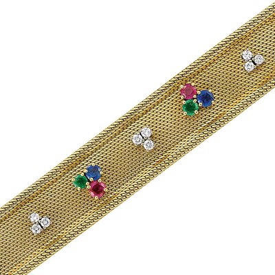 Lot 262 - Gold, Diamond and Gem-Set Mesh Bracelet