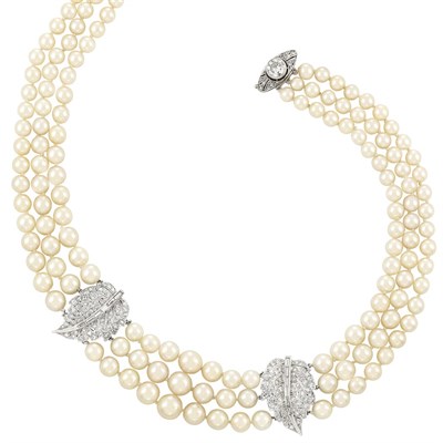 Lot 352 - Triple Strand Cultured Pearl, Platinum and Diamond Necklace