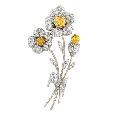 Lot 350 - Platinum, Colored Diamond and Diamond Flower Brooch
