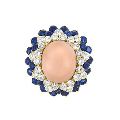 Lot 302 - Gold, Angel Skin Coral, Diamond and Sapphire Ring