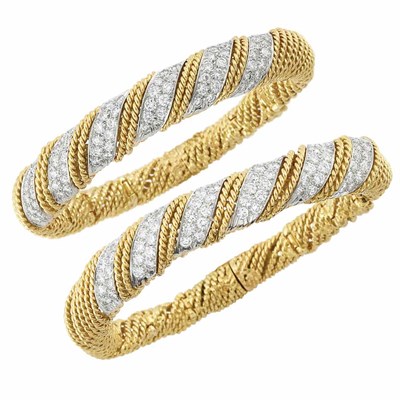 Lot 295 - Pair of Gold, Platinum and Diamond Bracelets