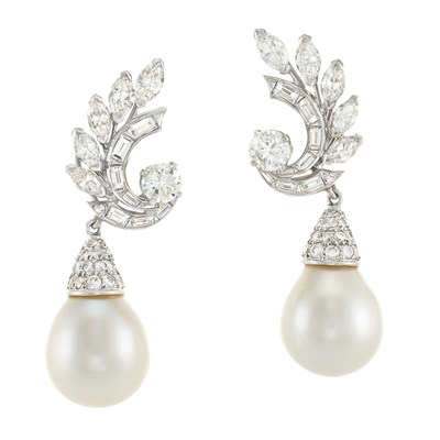Lot 440 - Pair of Platinum and Diamond Earrings, Van Cleef & Arpels, with Pair of Diamond and South Sea Cultured Pearl Pendants