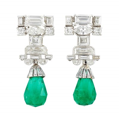 Lot 433 - Pair of Platinum, Diamond and Emerald Briolette Pendant-Earrings