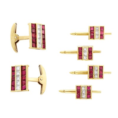 Lot 115 - Gold, Invisibly-Set Ruby and Diamond Dress Set