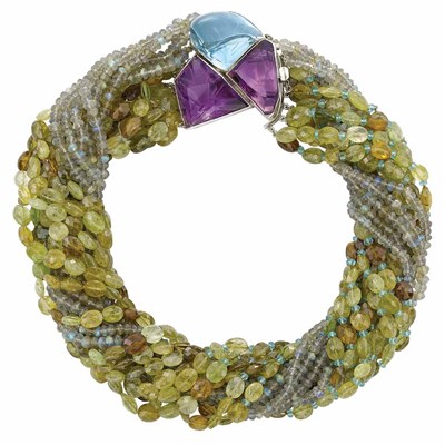 Lot 89 - Multistrand Colored Stone Bead Torsade Necklace with White Gold, Amethyst and Blue Topaz Clasp, Seaman Schepps