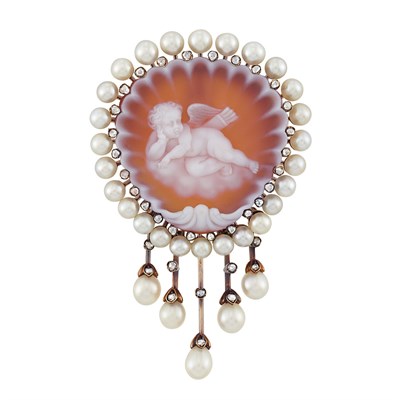 Lot 220 - Antique Gold, Shell Cameo, Pearl and Diamond Pendant-Brooch