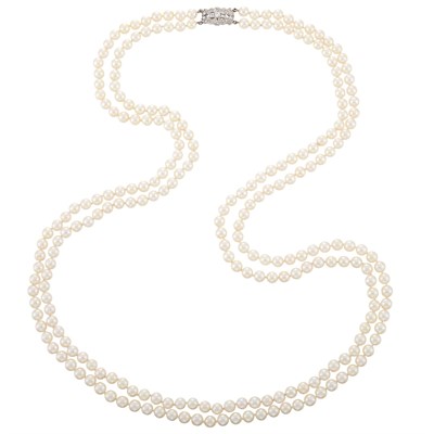 Lot 1085 - Long Double Strand Cultured Pearl Necklace with Diamond Clasp