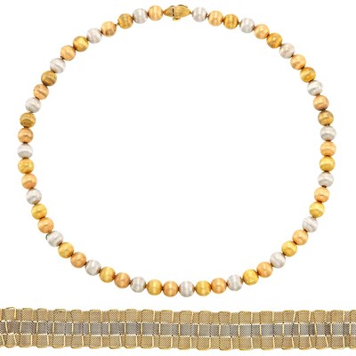 Lot 1259 - Tricolor Gold Bead Necklace and Two-Color Gold Bracelet
