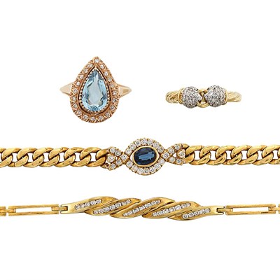 Lot 1423 - Two Gold, Gem-Set and Diamond Bracelets and Two Rings