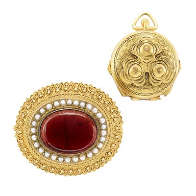Lot 1050 - Gold, Cabochon Garnet and Split Pearl Pendant-Brooch and Metal Pendant-Locket
