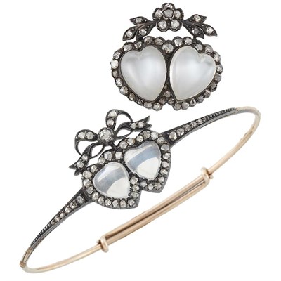 Lot 1246 - Gold, Silver, Diamond and Cabochon Moonstone Bangle Bracelet and Pin