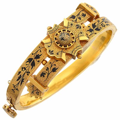 Lot 1057 - Antique Gold and Black Enamel Bangle Bracelet